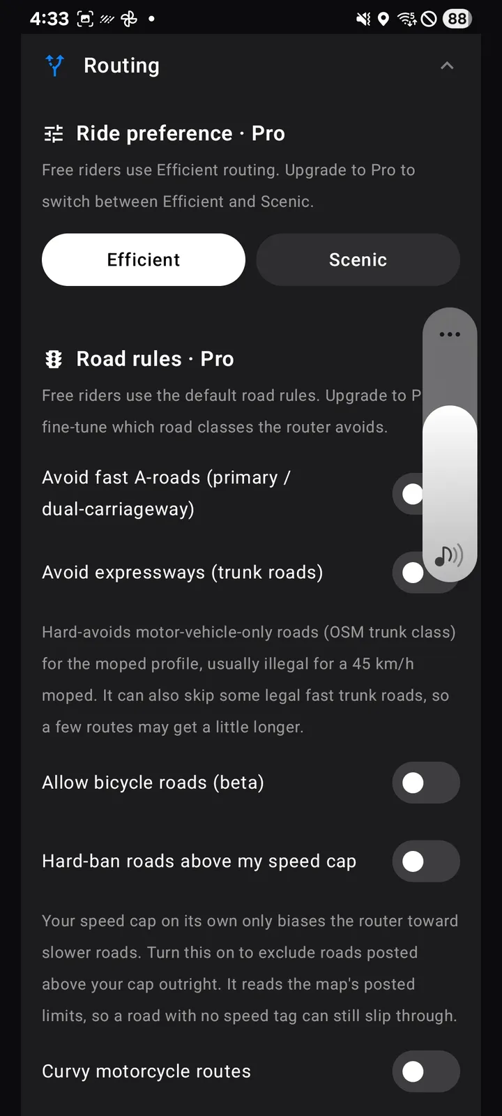 Android 上的 Urban Rider：路線規則設定為機車避開快速道路與國道。
