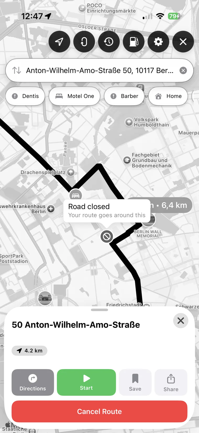 Urban Rider 绕开道路封闭重新规划路线，并在地图上画出绕行路径