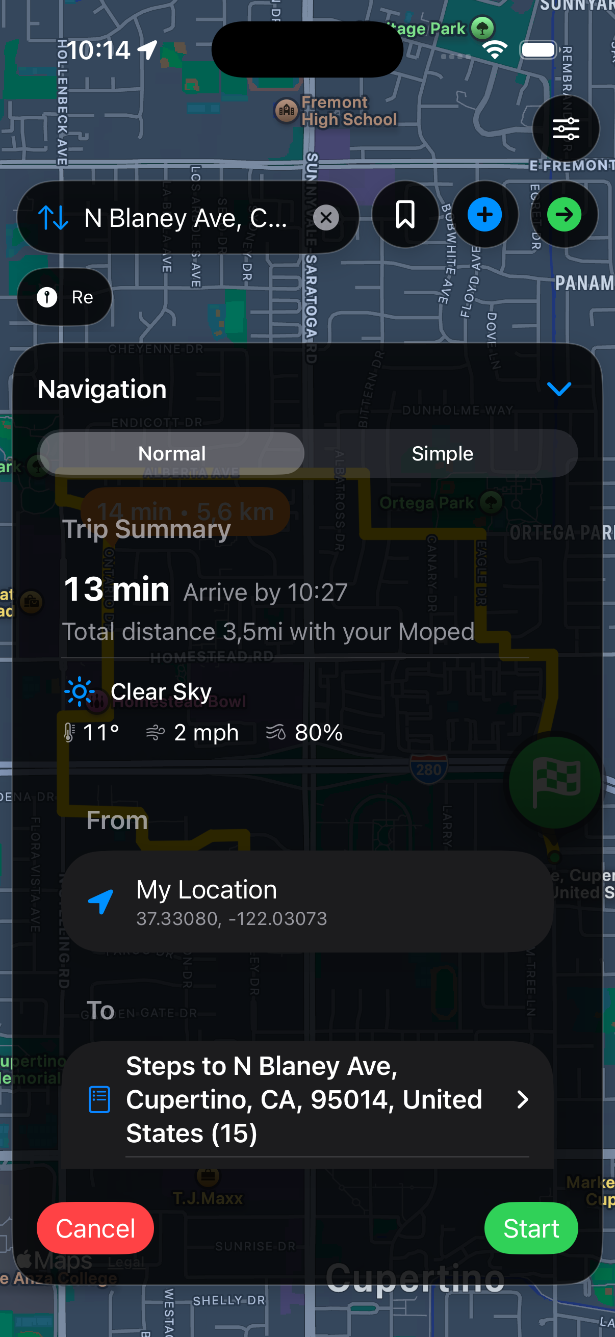 Urban Rider iOS App: geplante Moped-Route mit Übersicht, Ankunftszeit und Wetter.