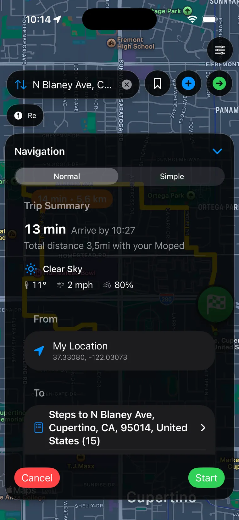 Urban Rider iOS 應用程式介面，顯示規劃好的路線、所需時間、抵達時間與天氣。