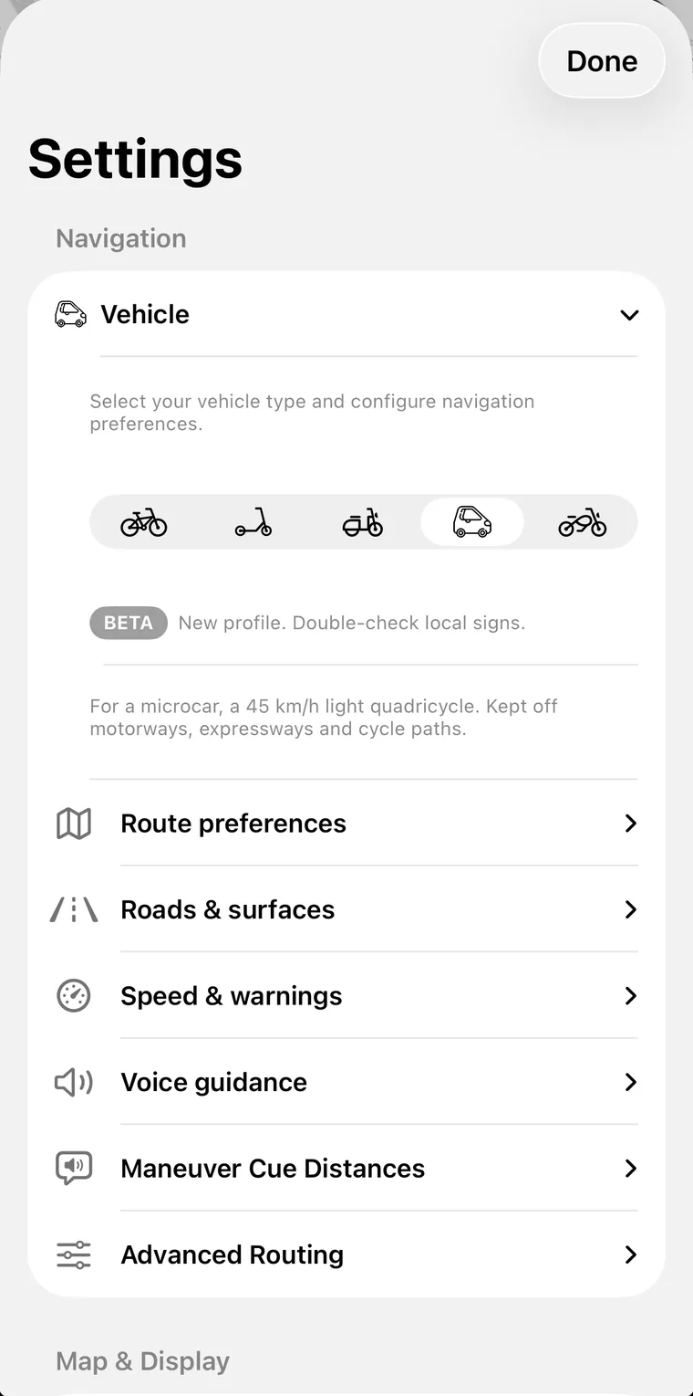 Urban Rider settings with the microcar profile selected, kept off motorways, expressways and cycle paths