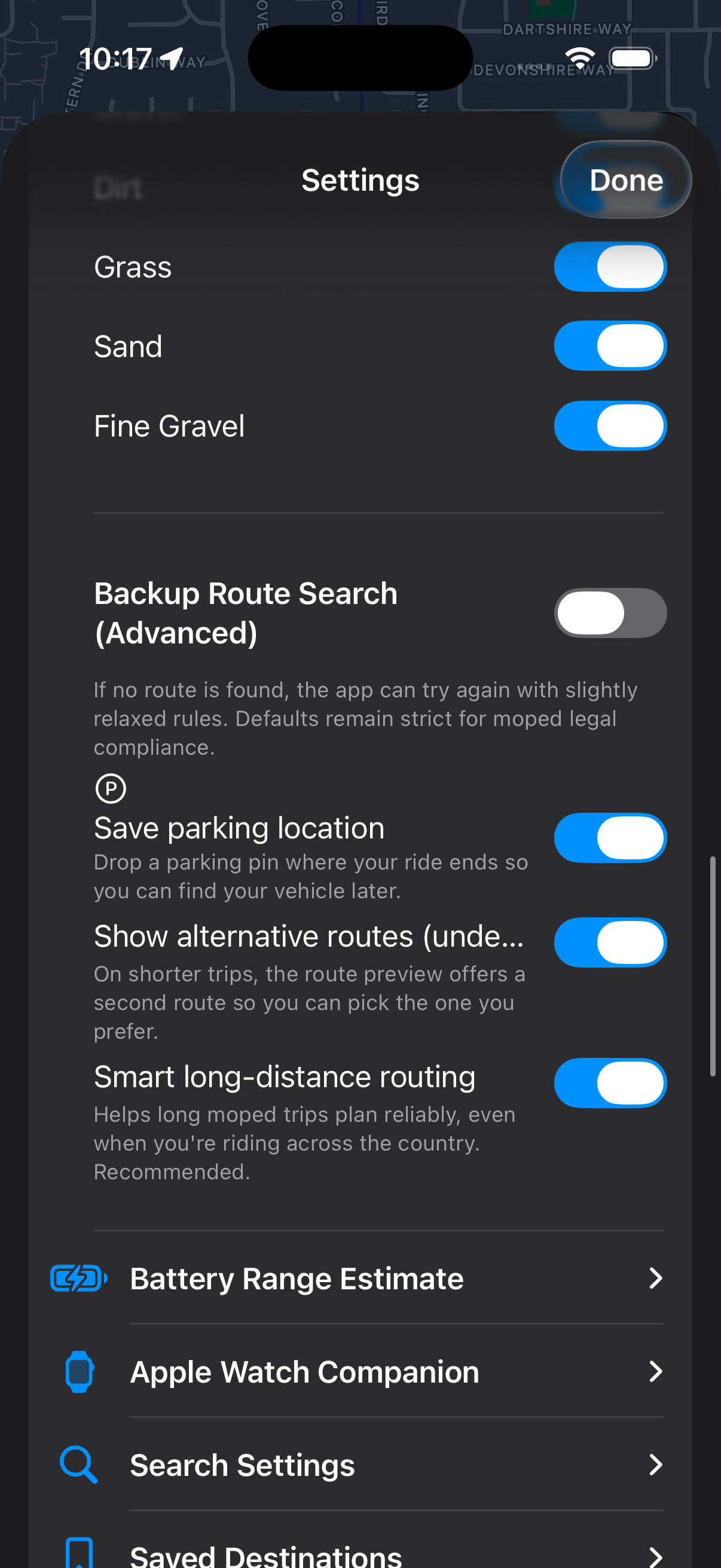 Urban Rider Einstellungen, Backup-Routensuche, Parkort speichern, Apple Watch Begleiter, Reichweite schätzen.