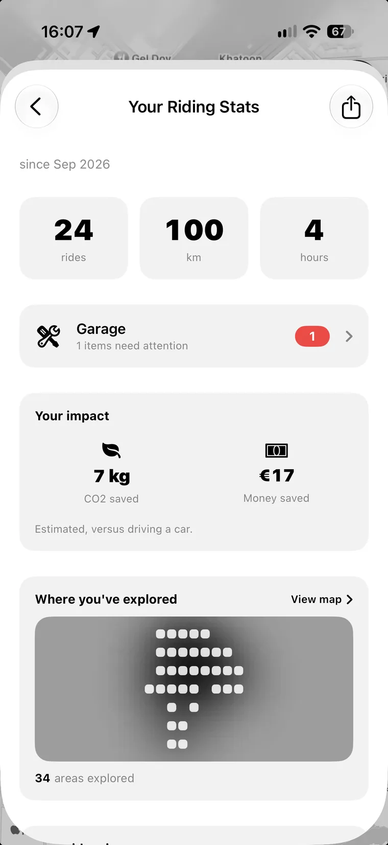 Urban Rider 骑行统计：总行程数、里程和时长、节省的 CO2，以及你去过的地方