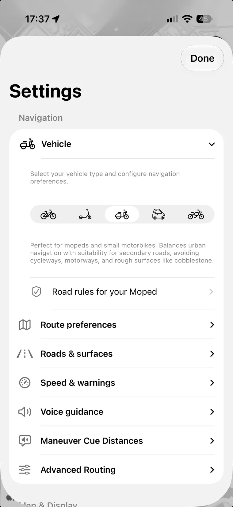 Urban Rider 的车辆设置:车辆类型、速度上限、路面筛选和语音偏好