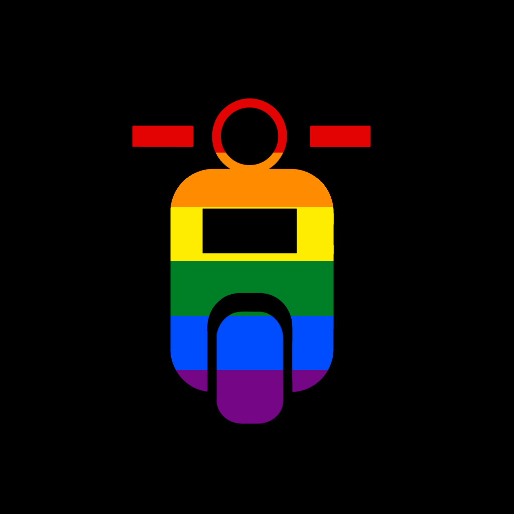 Het Urban Rider scootericoon in de kleuren van de regenboogvlag, op weg naar de festiviteiten van de Pride.