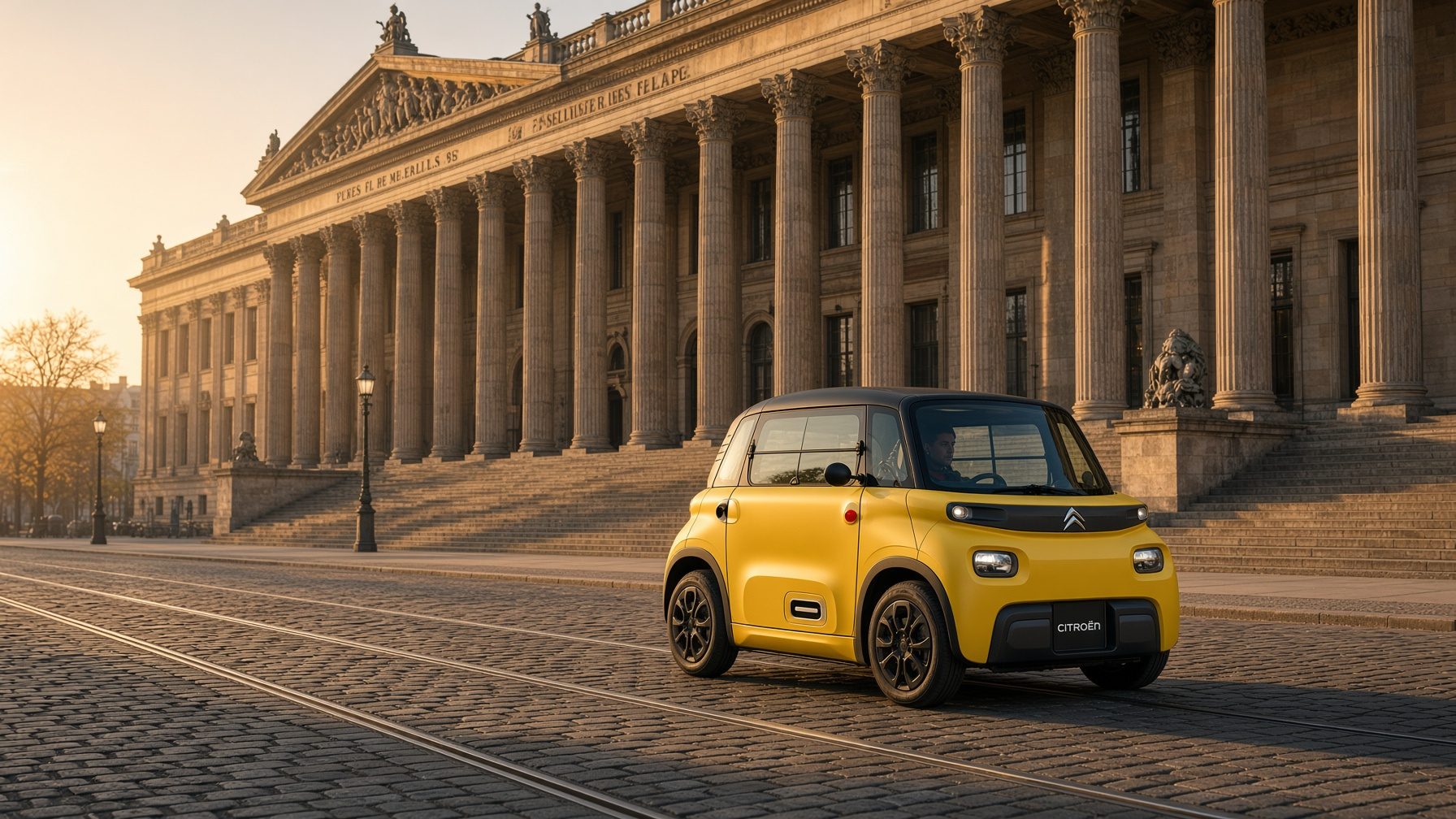 一辆黄色的 Citroën Ami，一款时速 45&nbsp;km/h 的电动微型车，在金色暮光中停在城市广场上